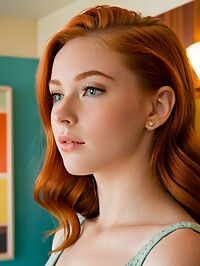 A sultry red haired beauty in her early twenties stands provocatively in a retro motel room