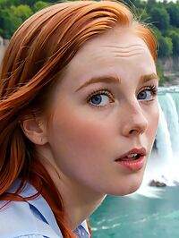 A petite 24 year old redheaded woman stands in awe at Niagara Falls misty veil