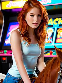 A cute, curious 23-year-old redhead explores a vibrant 80's arcade filled with colorful video games.