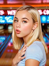 A petite blonde girl with innocent looks hazel eyes at a vintage bowling alley
